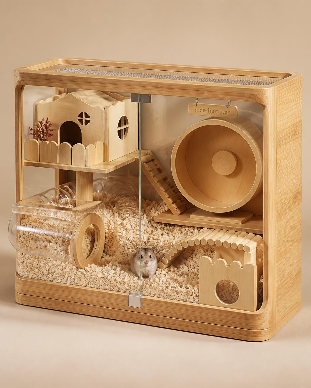 Premium wooden hamster habitat with glass front