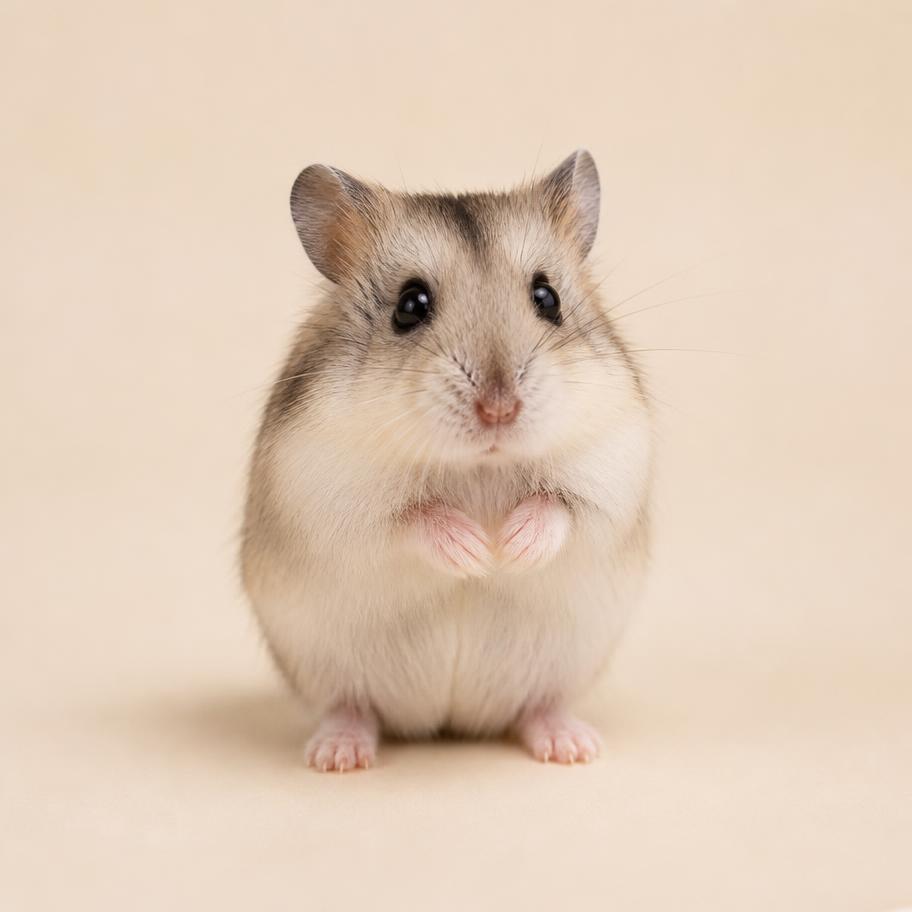 Pip, a tiny Roborovski dwarf hamster standing on a warm cream backdrop