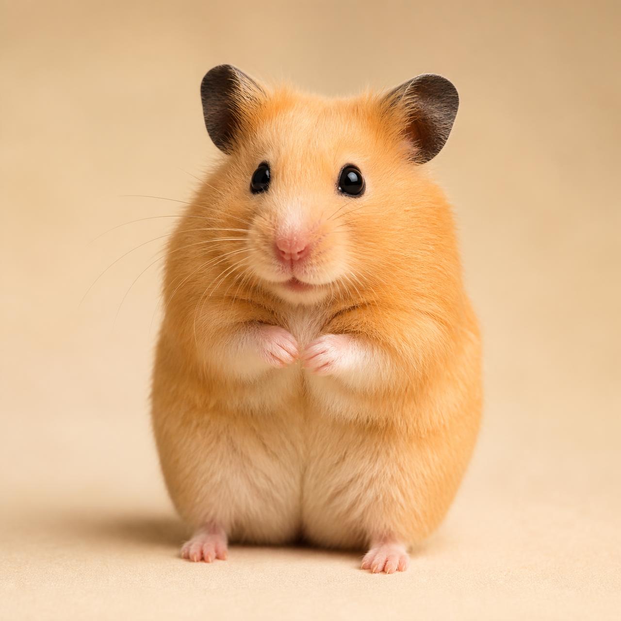 A golden Syrian hamster sitting upright against a warm cream backdrop